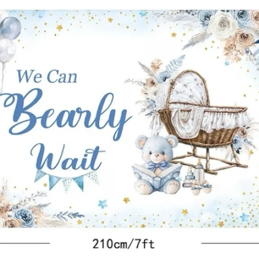 7x5ft Blue Bear Baby Shower Backdrop, We Can Bearly Wait Baby.NEW SEALED PACKAGE